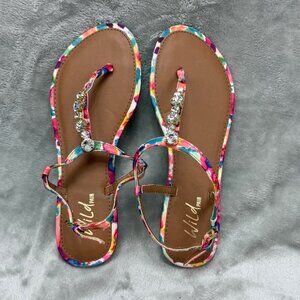 Womens Wild Pair Multicolor Jeweled T-Strap Sandals Size 7 Made In China